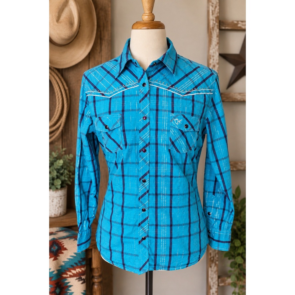 Cowgirl Hardware Turquoise Plaid Rhinestone Pearl Snap Western Rodeo Shirt L